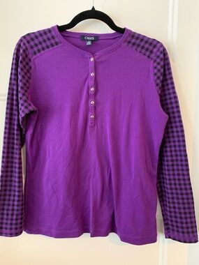 Chaps Purple Henley Long Sleeve fit Top with Checkered Sleeves